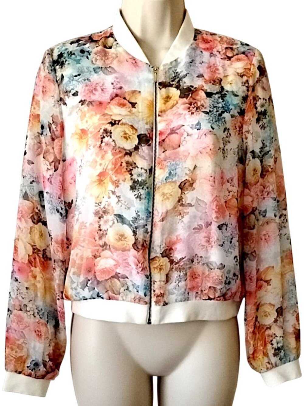 Forever 21 Floral Mesh Bomber Jacket S Ivory Gold Roses